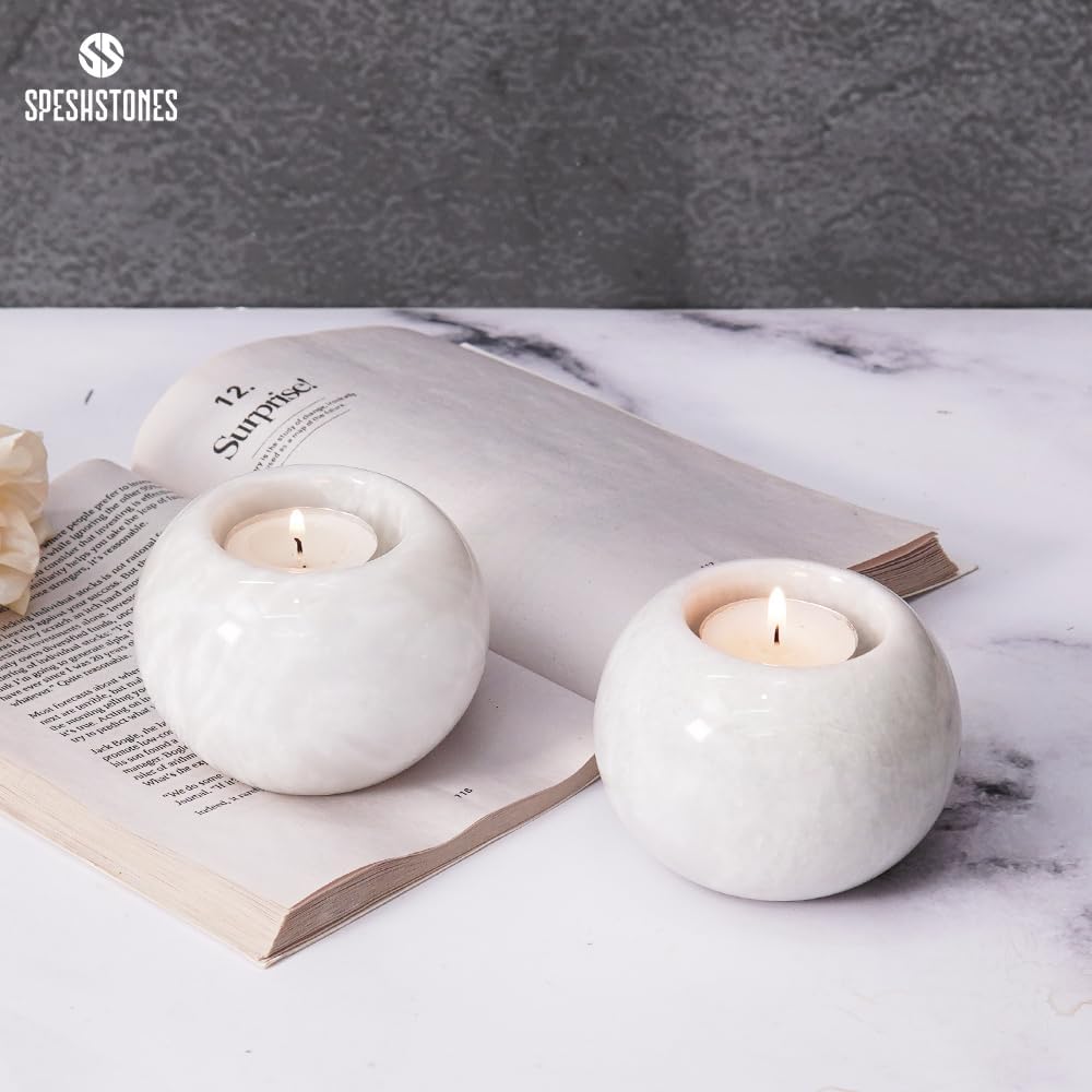 Marble Tealight Candle Holder 3 Inch Handmade White Stone Votive Holders for Gifts & Wedding Decorations - Small Tea Lights Candles Set of 2 for Dining Table Decor