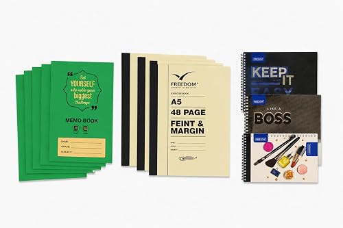 Stationery Combo, 5 x Memo Books, 5 x A5 Feint & Margin Books, 3 x A6 Side Spiral Notebooks, 13-Piece Set