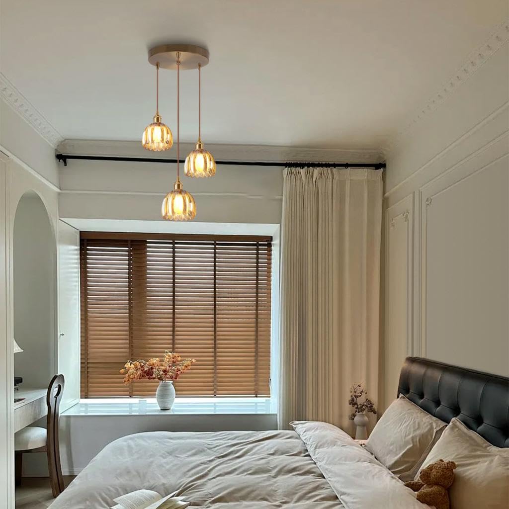 Suspension Luminaires en Verre 3 Lampes Intérieure Moderne Ambre Fleurs Lampe Suspendue Vintage Laiton Doré Lustre Plafonniers pour Cuisine Cuisine Salon Chambre