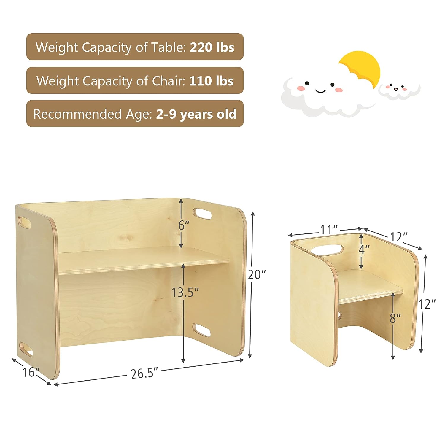 HONEY JOY Kids Table and Chair Set, Wood Baby Activity Table and 2 Stacking Chairs with Storage, for Reading, Eating, Arts, Crafts, Playroom, Toddler Table & Chair Set for Girls Boys, Natural