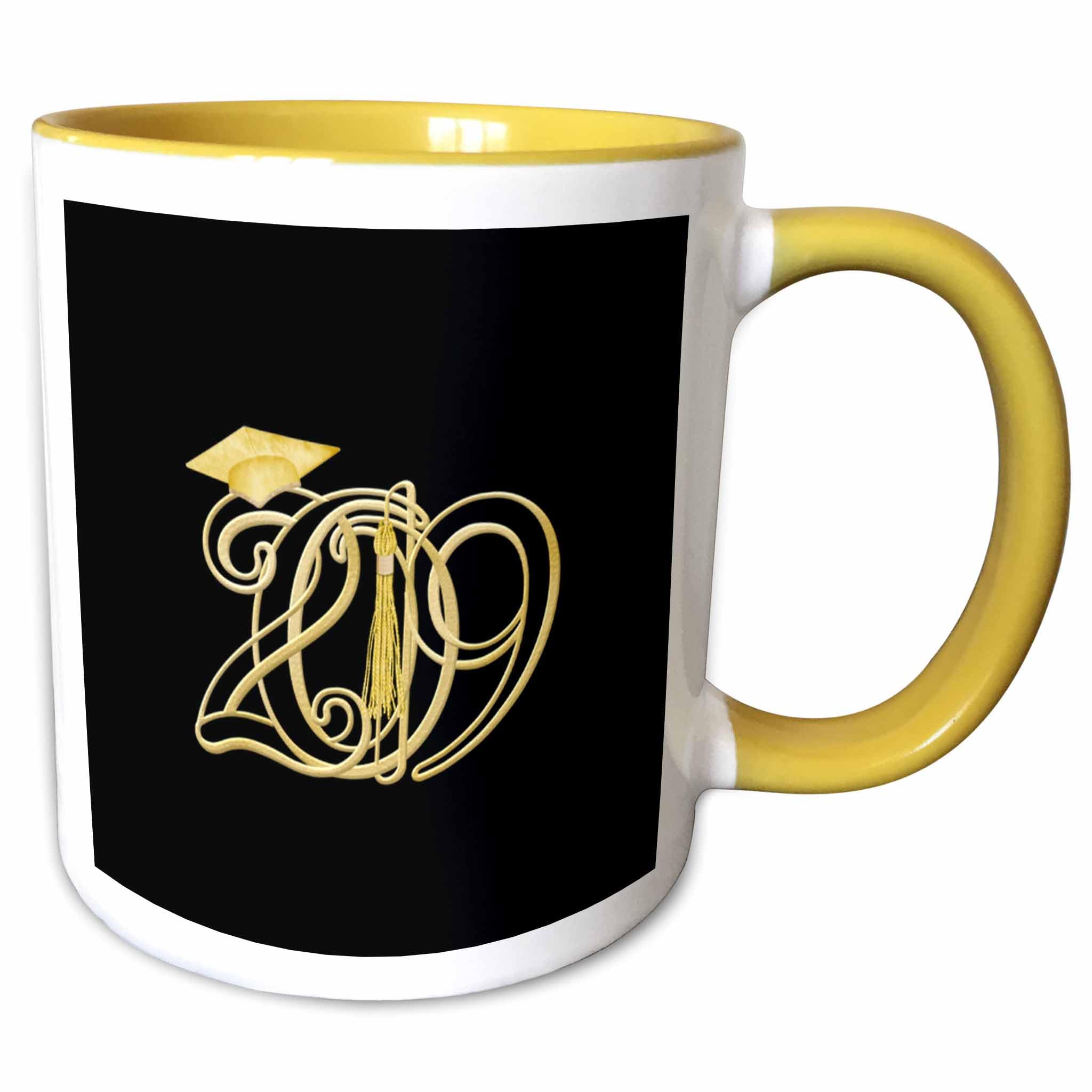 3Drose Yellow Intertwining 2019 With Graduation Cap And Tassel, Gold On Black Color 11Oz Two-Tone Mug