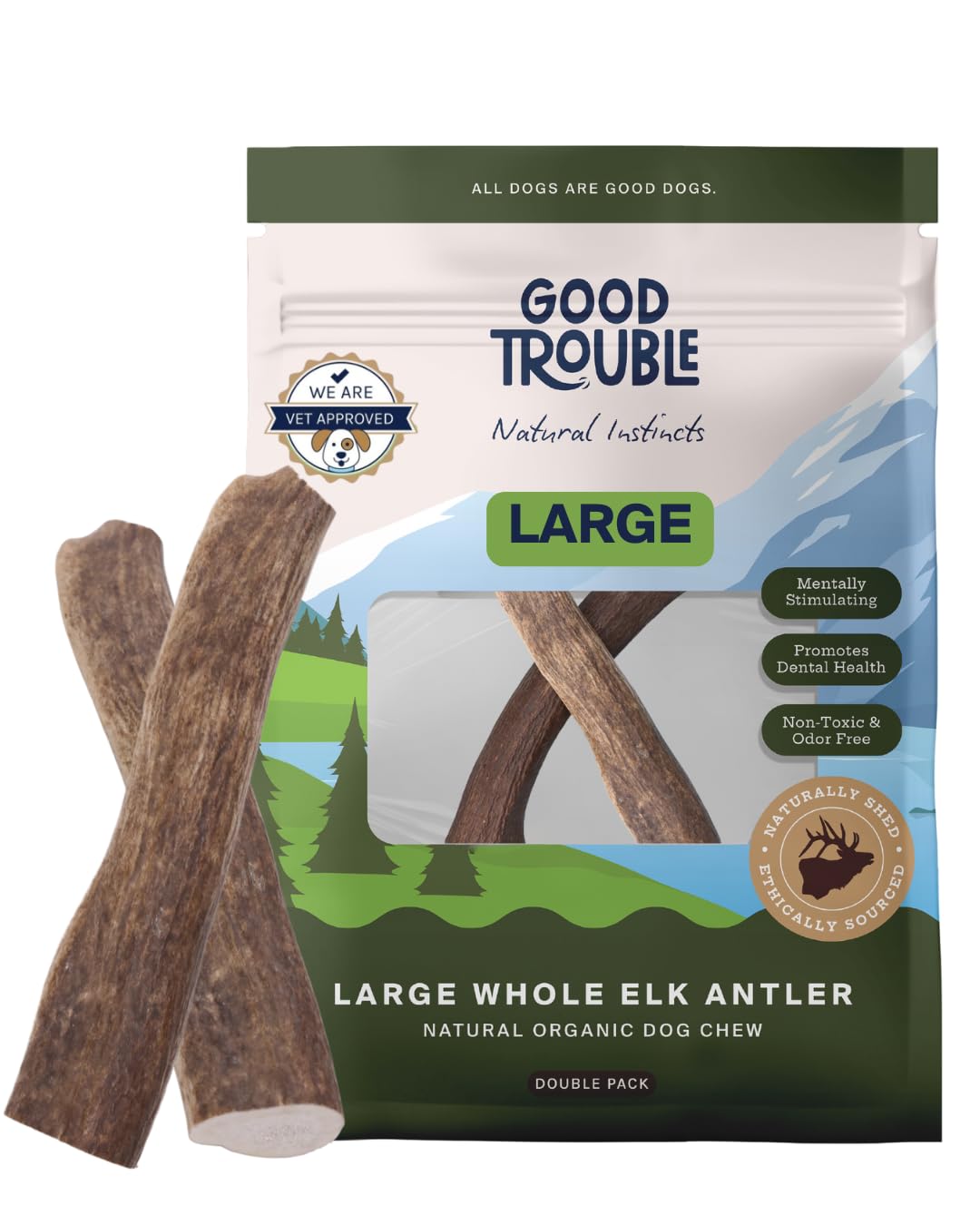 Good Trouble Premium Elk Antlers for Large Dogs – 2 Pack Whole - All-Natural, Shed Antler Chews for Dental Health & Calming - Durable Dog Bones -
