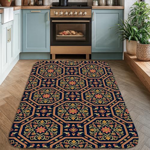 Alfombra dormitorio rectangular azul marino de flores con diseño de hojas tradicionales 4