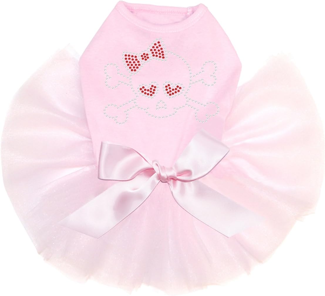 Skull with Red Bow - Bling Rhinestone Heart Valentine Dog Tutu Dress, M Pink