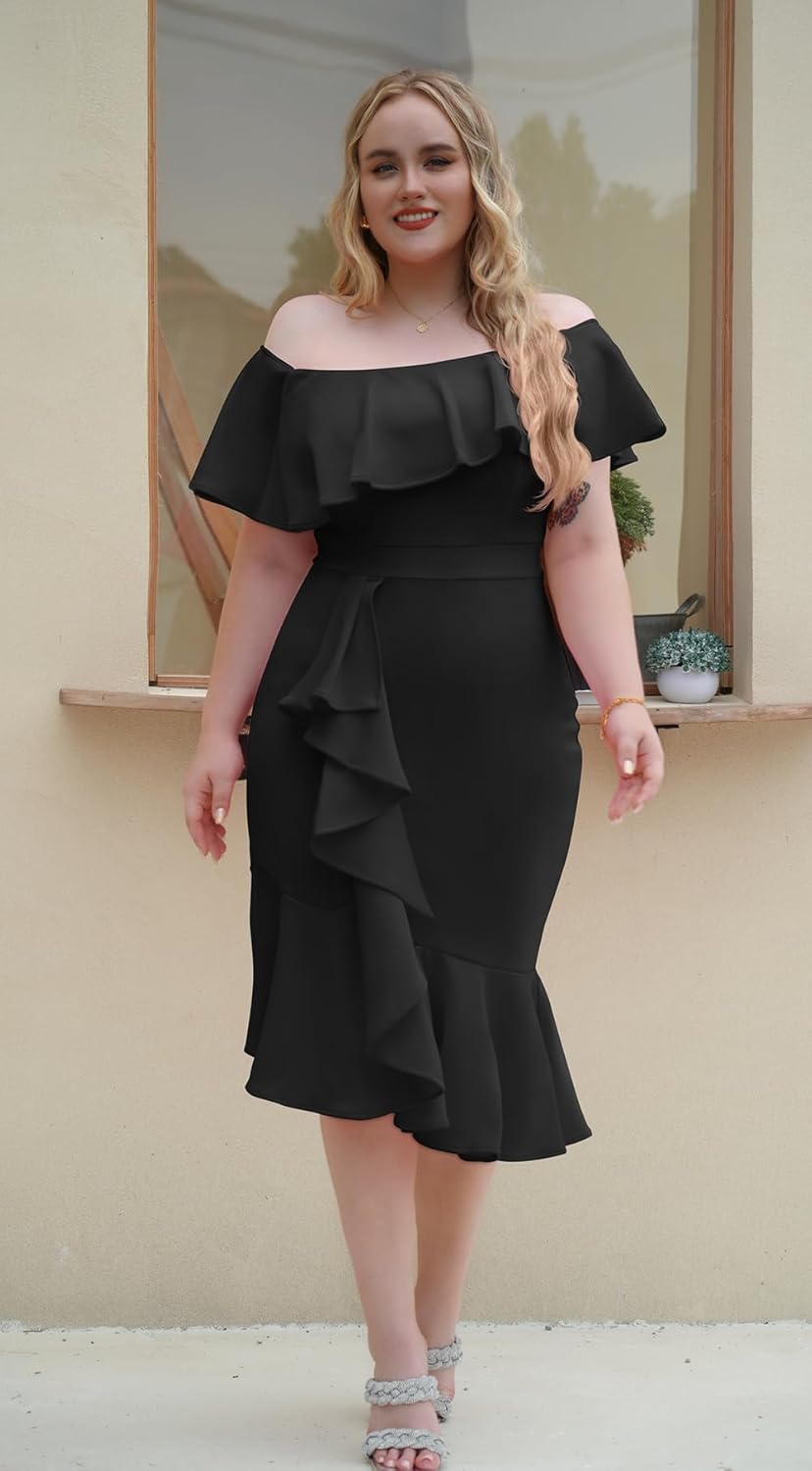 GOBLES Women's Elegant Off The Sholder Back Zipper Ruffles Bodycon Midi Cocktail Dress - Image 5