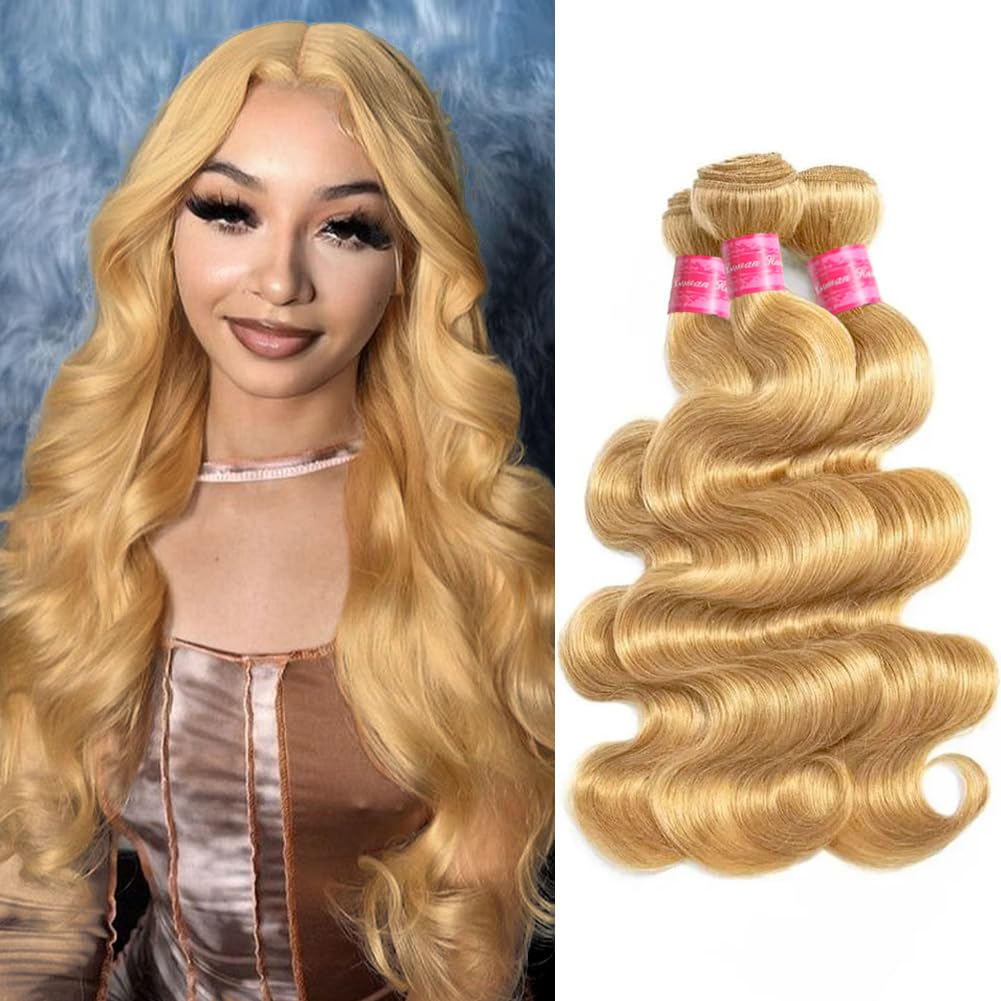 Aopusi Honey Blonde Human Hair Bundles #27 Colored Body Wave Brazilian Remy Human Hair Weft Blonde Hair 3 Bundles Blonde Body Wave Bundles(18 20 22