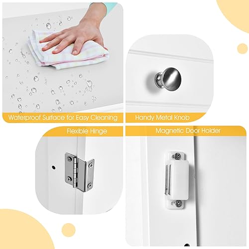 Miniatura 9 de GOFLAME Armario de almacenamiento de baño, armario de almacenamiento de madera independiente con cajón grande, 2 estantes flotantes con 7