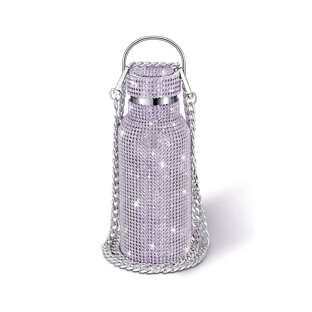 Water Bottle with Chain, 350/500/600/750/1000 Stainless Steel Glitter Tumbler with Chain, Bling Cups with Lids for Women Girl(1000ml,Purple)