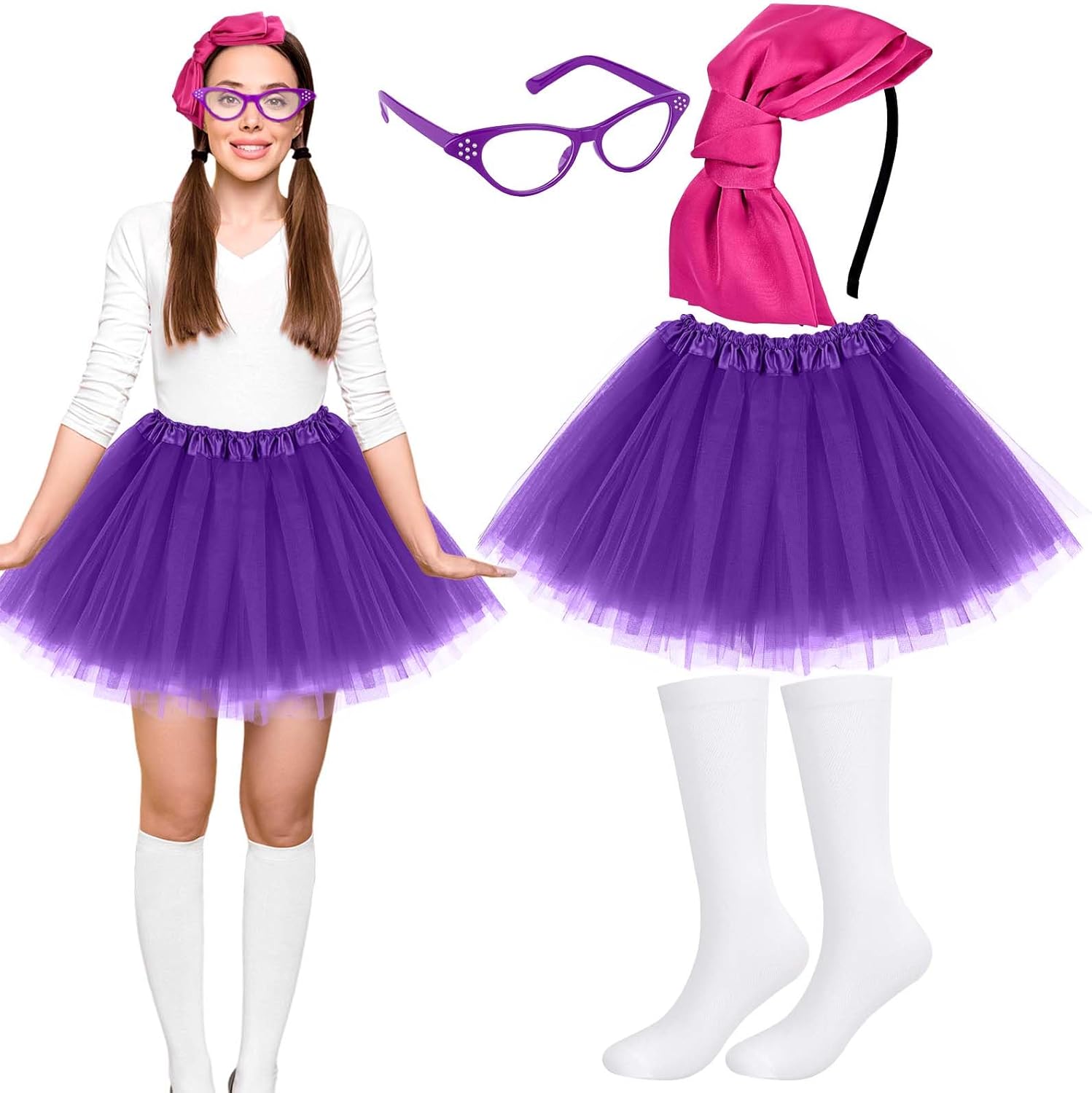 4Pcs Halloween Costume Set for Women Include Headband Purple Glasses Tutu Skirt Socks for Halloween Cosplay Party Supplies