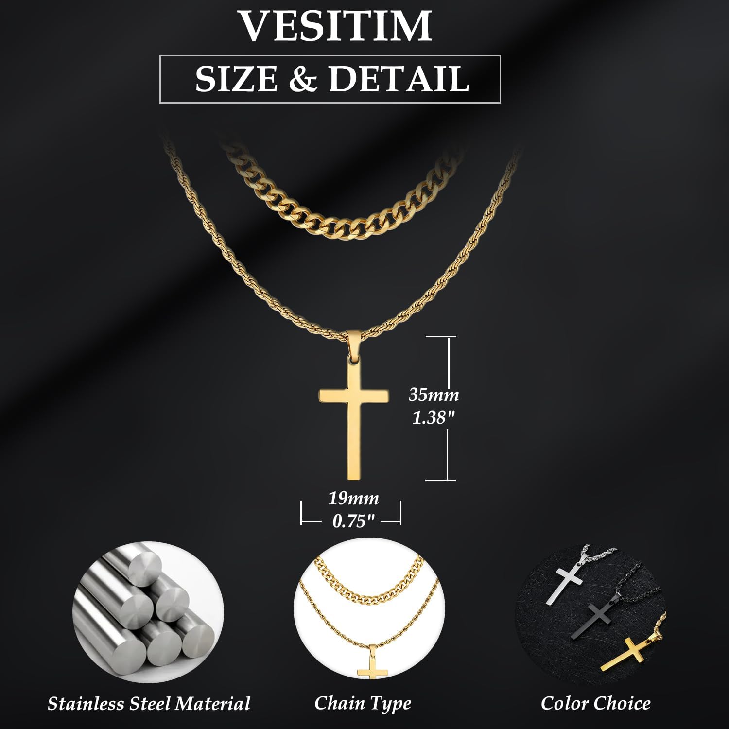 Stainless Steel Cross Necklace for Men Cuban Link Chain Crucifix Religious Jewelry with Silver/Black/Gold Color - Image 6