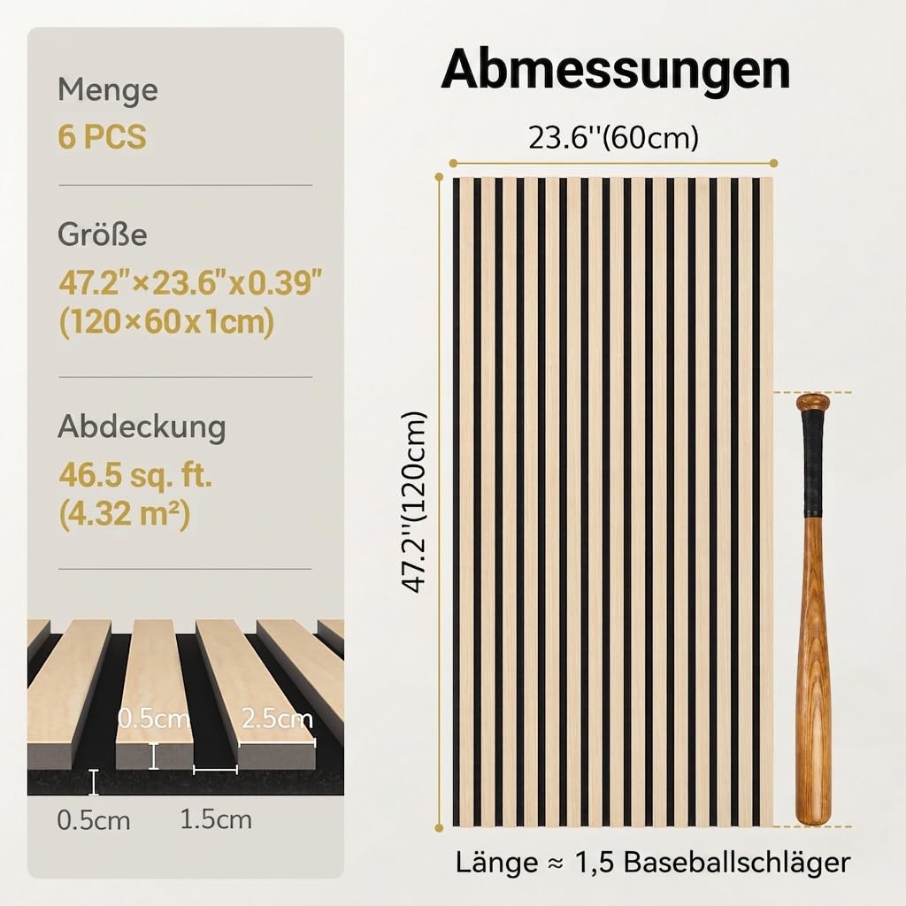 TONOR 6-Pack Akustikpaneele holz, 120 cm x 60 cm – 4,32 m², Wandpaneele holz Holzpaneele für Wände, Holzpaneele zur Schalldämmung und Dekoration für Studios, Wohnungen, Schlafzimmer und Büros, Eiche