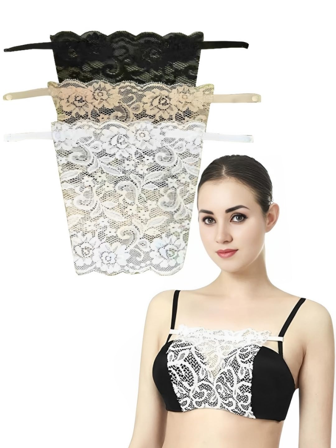 Cotton Lace Clip-on Camisole for Womens,Floral Pattern with Snap Button Closure, Adjustable,Combo Pack, Black White Beige, Free Size