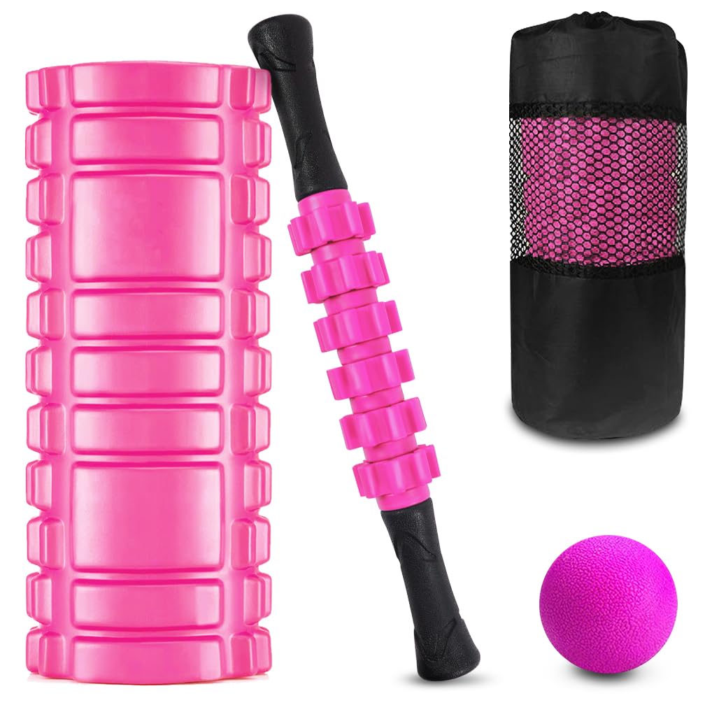 SACONELL 3 in 1 Pink Foam Roller & Massage Stick Set - Deep Tissue Roller Kit with Massage Balls and Stick for Fitness, Yoga, Pilates & Relaxation