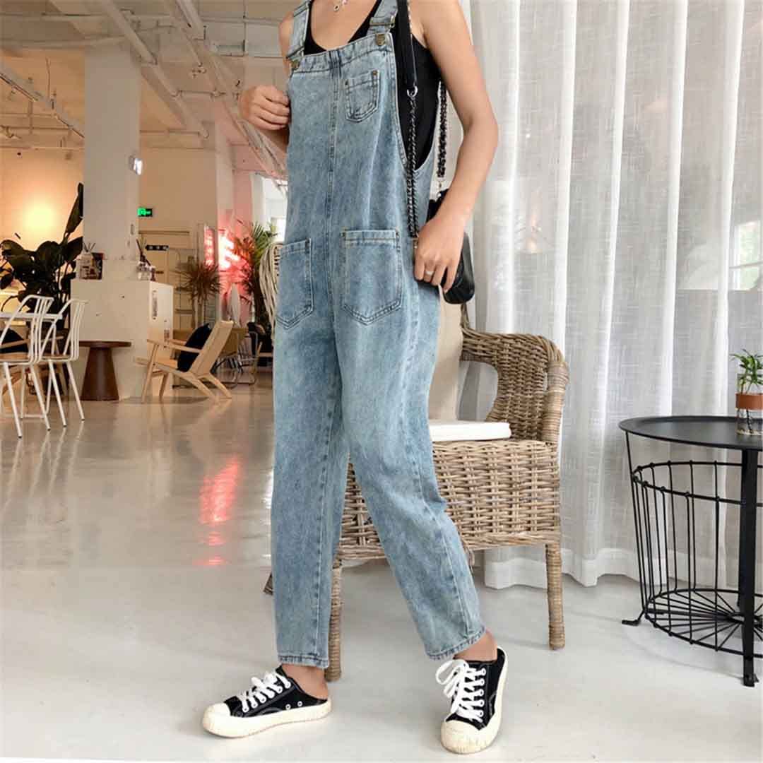 Suwequest Tuta da donna in denim autunno jeans tuta tasche tinta unita pagliaccetti salopette salopette vintage
