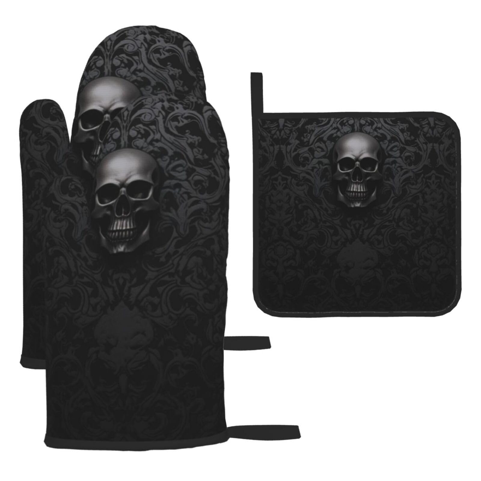 3d Gothic Wallpaper Skull 3pcs Oven Mitts And Pot Holders Sets,Waterproof Heat-Resistance Microwave Cooking Oven Gloves,Chef Potholders Mittens,Kitchen Cooking Bbq Gloves And Hot Pads
