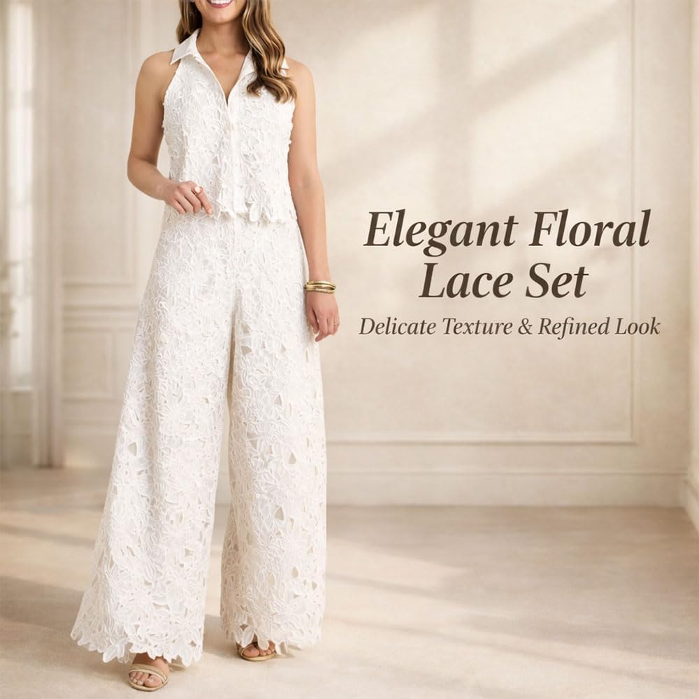 Women's Two-Piece Floral Lace Lapel Vest Top & Wide Leg Pants Set, Sleeveless Hollow Out Vest With Wide Leg Pants
