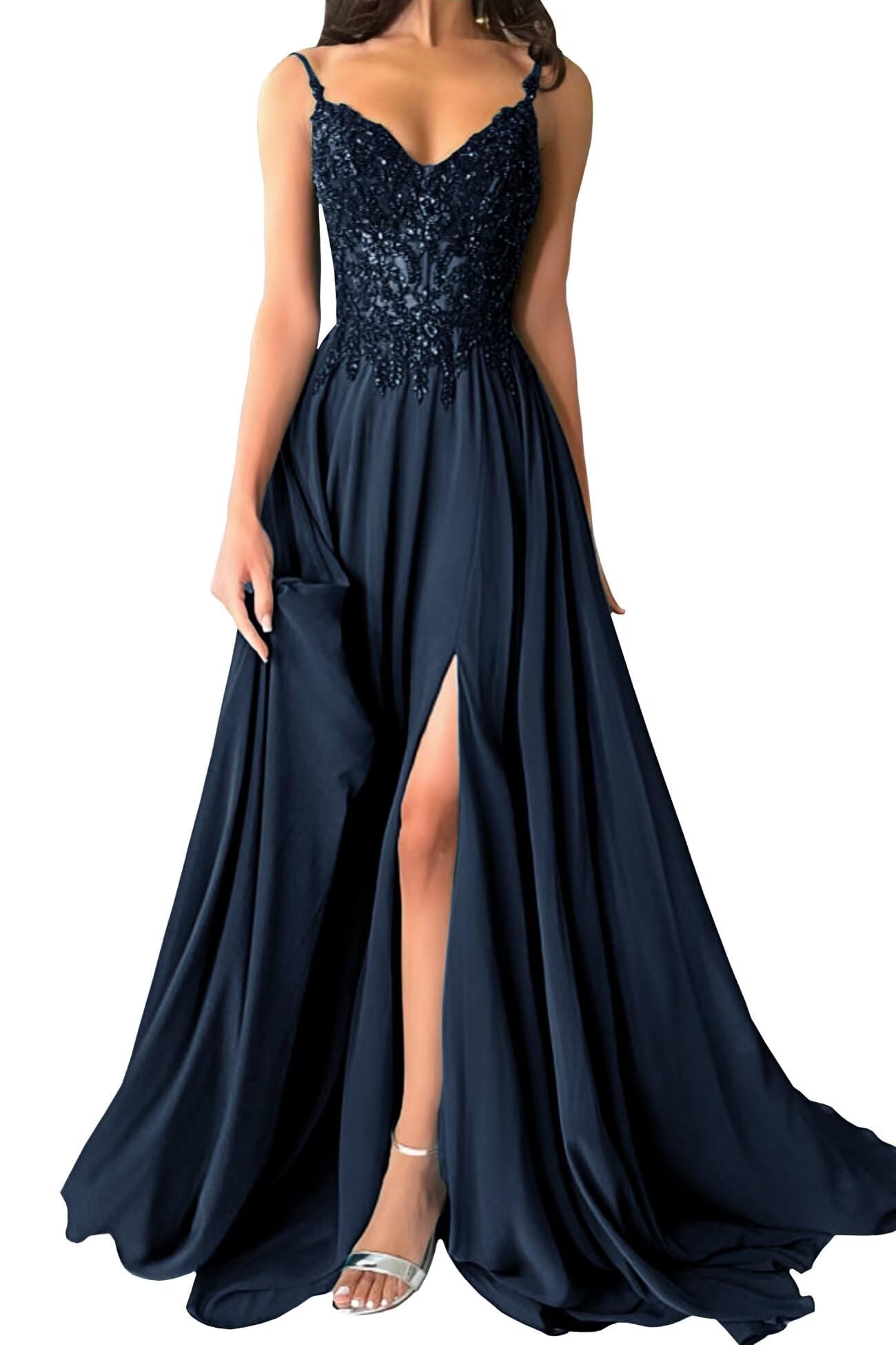 Damen Chiffon Ballkleider Lang V-Ausschnitt Spitzenapplikationen Brautjungfernkleid mit Schlitz Spaghettiträger Perlen A-Linie Abendkleider