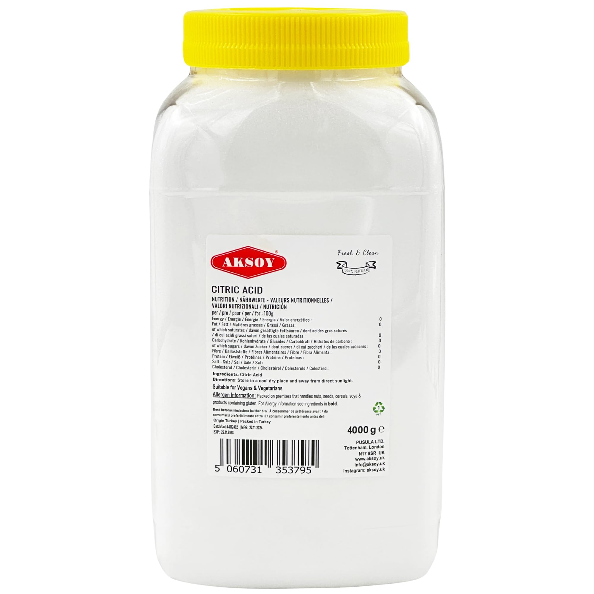 Aksoy Citric Acid Food Grade 4KG JAR|| Non-GMO, Anhydrous, Make Your Own BathBomb, No Additives, Sour Drinks, Household Cleaning with Citric Acid Powder