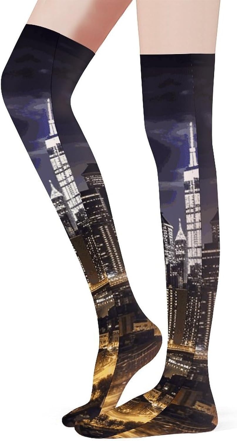 New York Night Knee High Stockings for Women 23.6" Breathable Thigh High Stockings Over The Knee Socks
