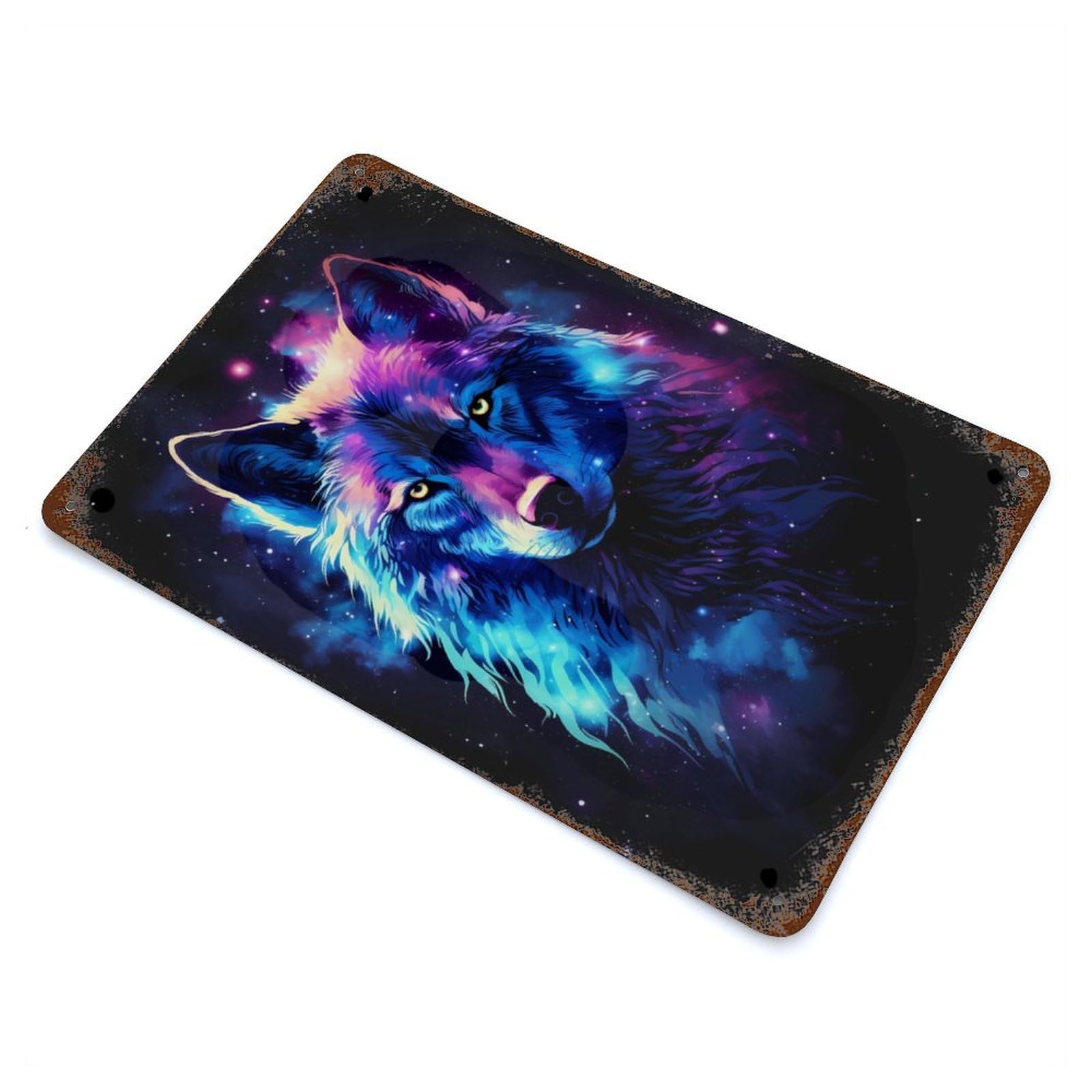 Cosmic Fantasy Wolf Rustic Tin Plaque 11.8"x7.9", Ideal for Shed, Workshop And Garage Wall Decor