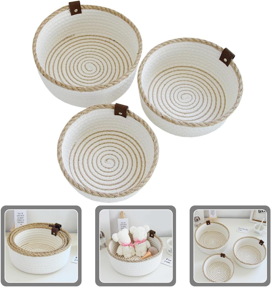 Uonlytech Cotton Rope Woven Storage Basket Set 3pcs, Sundries Organizer Baskets Hemp Accent, Medium and Small Cotton Linen Storage Bins for Bedroom and Living Room Tabletop