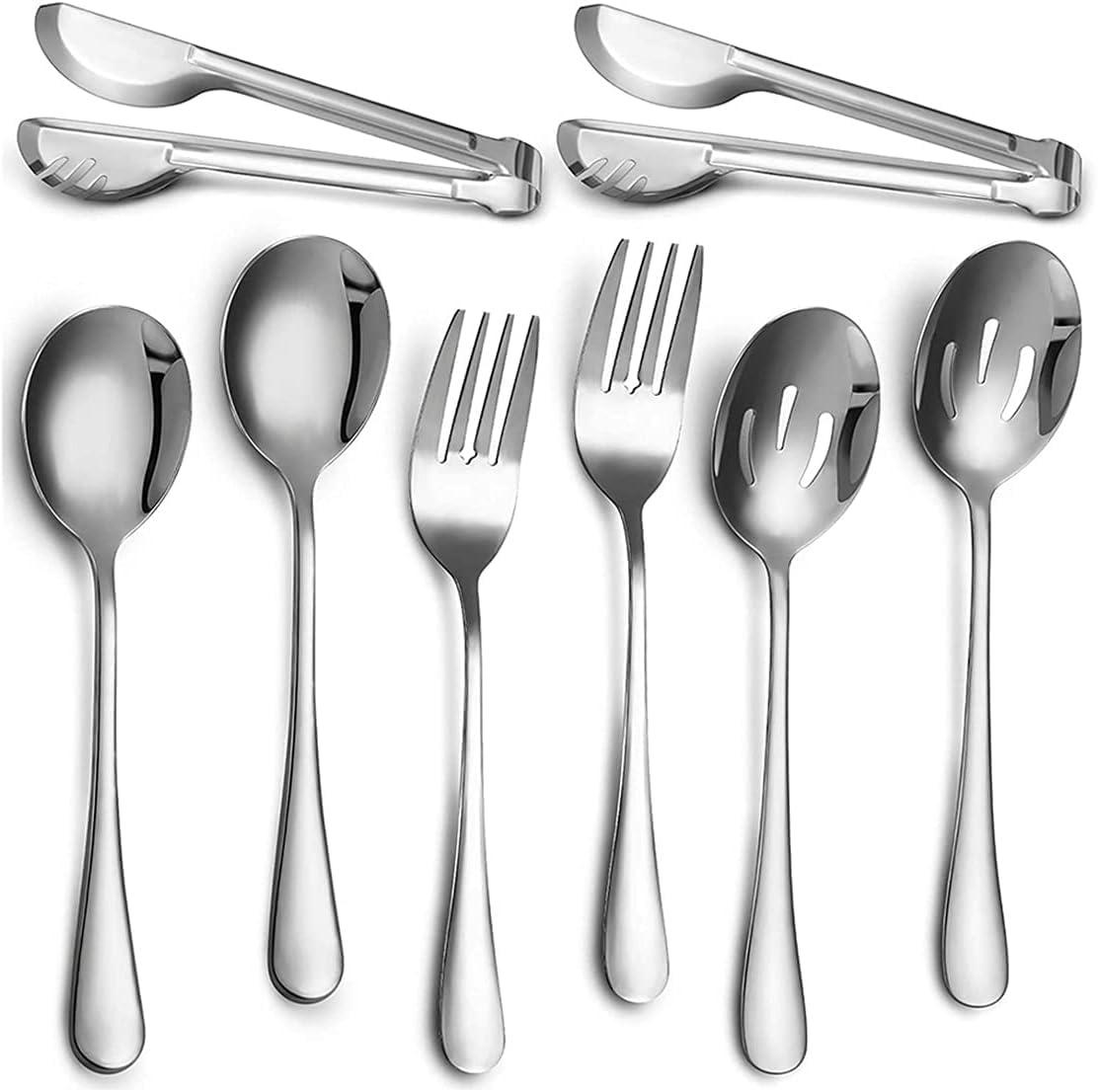 Stainless Steel Serving Utensils Set, Serving Utensils Set with Serving Spoons, Slotted Spoons, Forks and Serving Tongs, Utensils for Parties Buffet Banquet (Silver, 8 PCS)