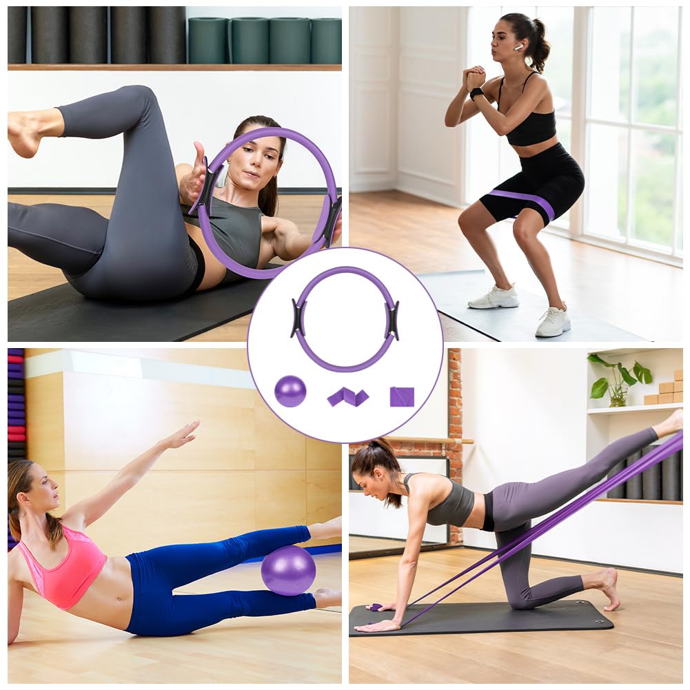 Kit de Pilates, Pilates Accessoires, Anneau de Pilate, Bande de Résistance en Latex, Ballon Yoga, Cercle de Résistance Élastique, Extracteur de Pédale et Extracteur en Forme de 8