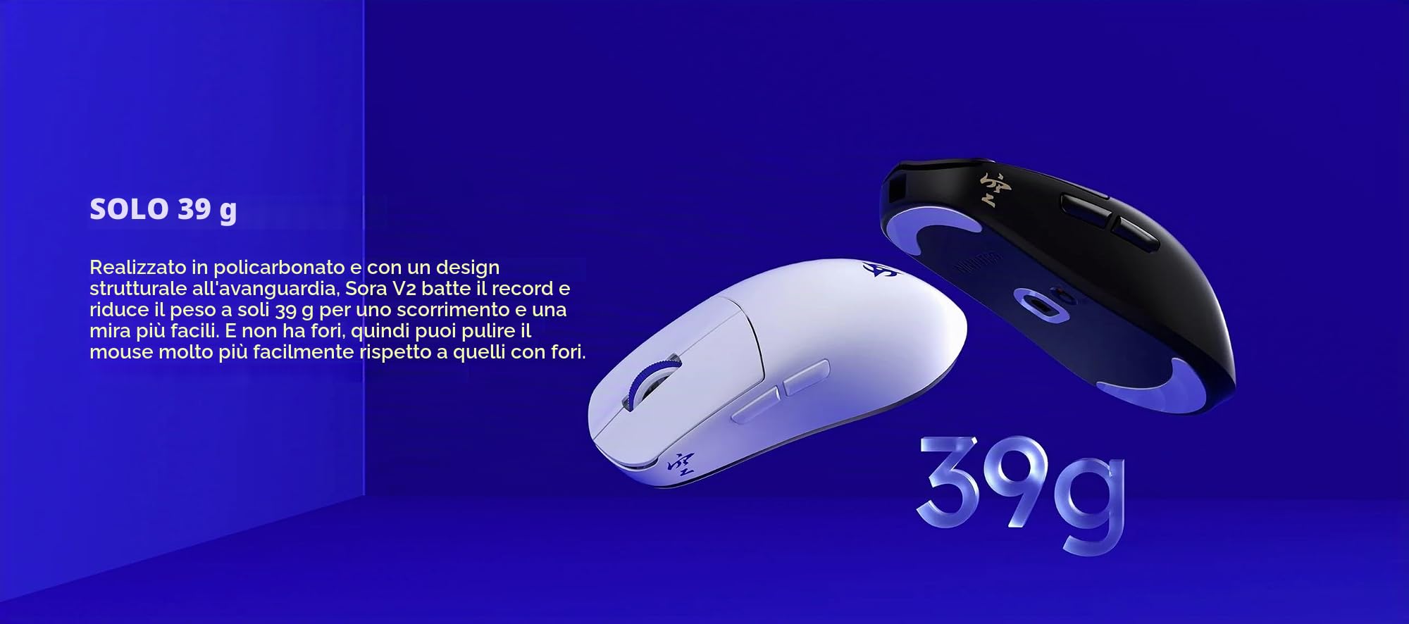 Ninjutso Sora V2 8K Mouse Wireless Gaming (39g) - Sensore AIMNINJA, 26000 DPI, Ricevitore SnappyFire 8K Incluso, Policarbonato, Nero