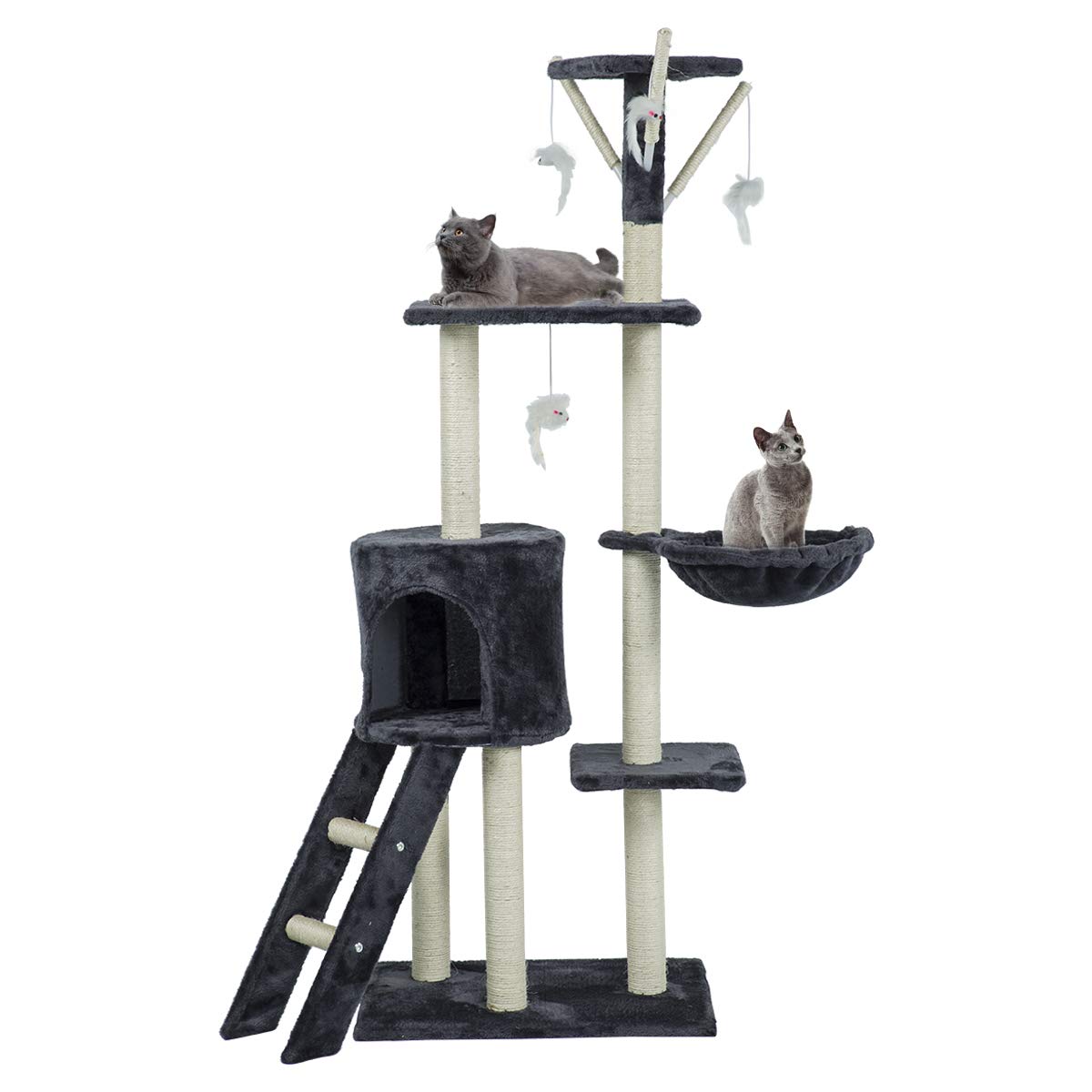 Mellcom 56" Multi-Level Cat Tree Condo with Scratching Posts Perches, Cat Basket Lounger and Ladder, Deluxe Cat Tower Kitten Play House
