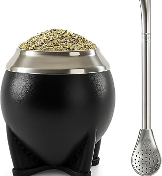 Premium Yerba Mate Gourd Mate Cup - Uruguayan Mate - Argentinian Yerba Mate Set - Leather Wrapped - Includes Stainless Steel Bombilla black