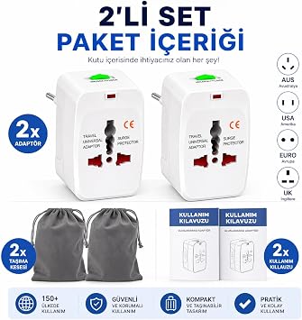 2’li Set Universal Seyahat Adaptörü – Tüm Dünya Uyumlu Priz Dönüştürücü Akım Korumalı Güvenli Kilit Sistemli Kompakt Taşınabilir Priz Çevirici