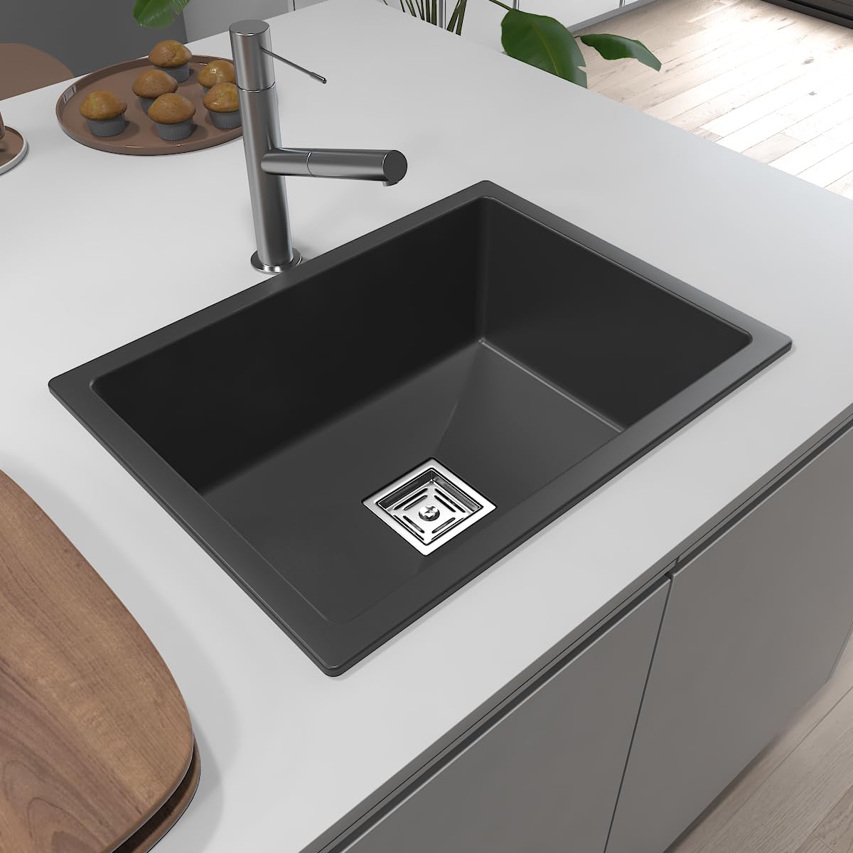 Hardstone Quartz Sink For Kitchen 21x18x8.5 IN – Smoky Black Granite Kitchen Sink With Waste coupling & PVC Pipe | Smooth Finish, UV Protected, Top & Under Mount Sink | Sink With 10 Year Warranty