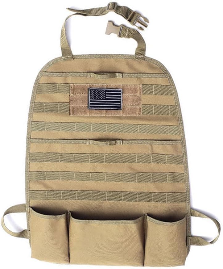 Tactical Molle Car Seat Back Organizer, Molle Multi-function Outdoor Tool Storage Bags with USA Flag Patch, Military Tactical Backpack Organizer Pouches, Multi-Pocket Carabiner Pouch (tan)