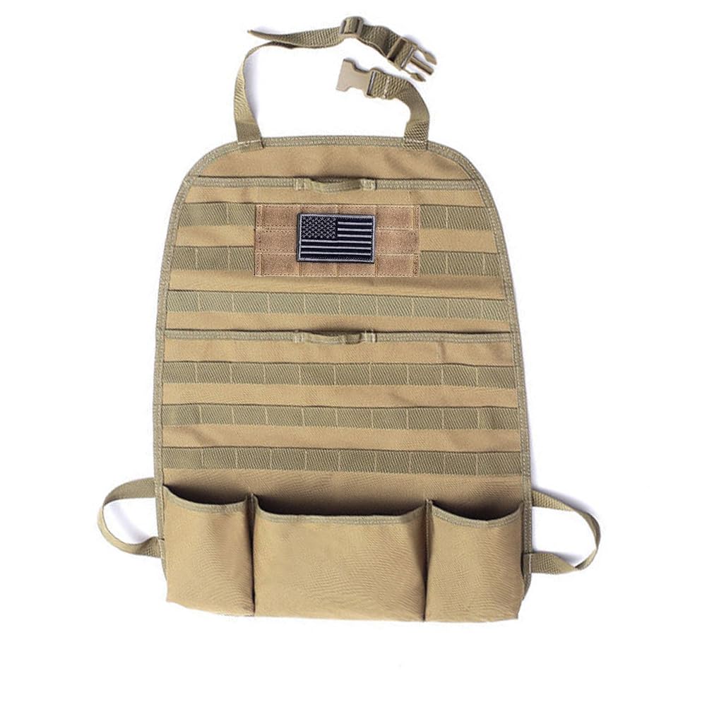Tactical Molle Car Seat Back Organizer, Molle Multi-function Outdoor Tool Storage Bags with USA Flag Patch, Military Tactical Backpack Organizer Pouches, Multi-Pocket Carabiner Pouch (tan)