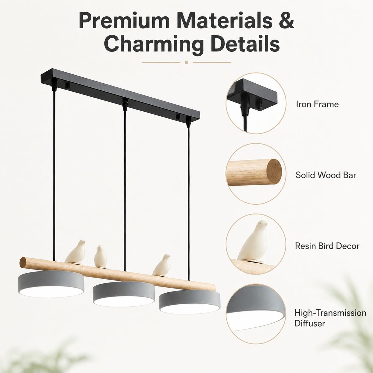 Lampadario Cucina Moderno LED 36W, Legno, Sala da Pranzo | LED 36W, 3000K/4000K/6500K, Cavo Regolabile 1 m, Ferro Legno Resina, Decoro Uccello, per Cucina e Sala da Pranzo