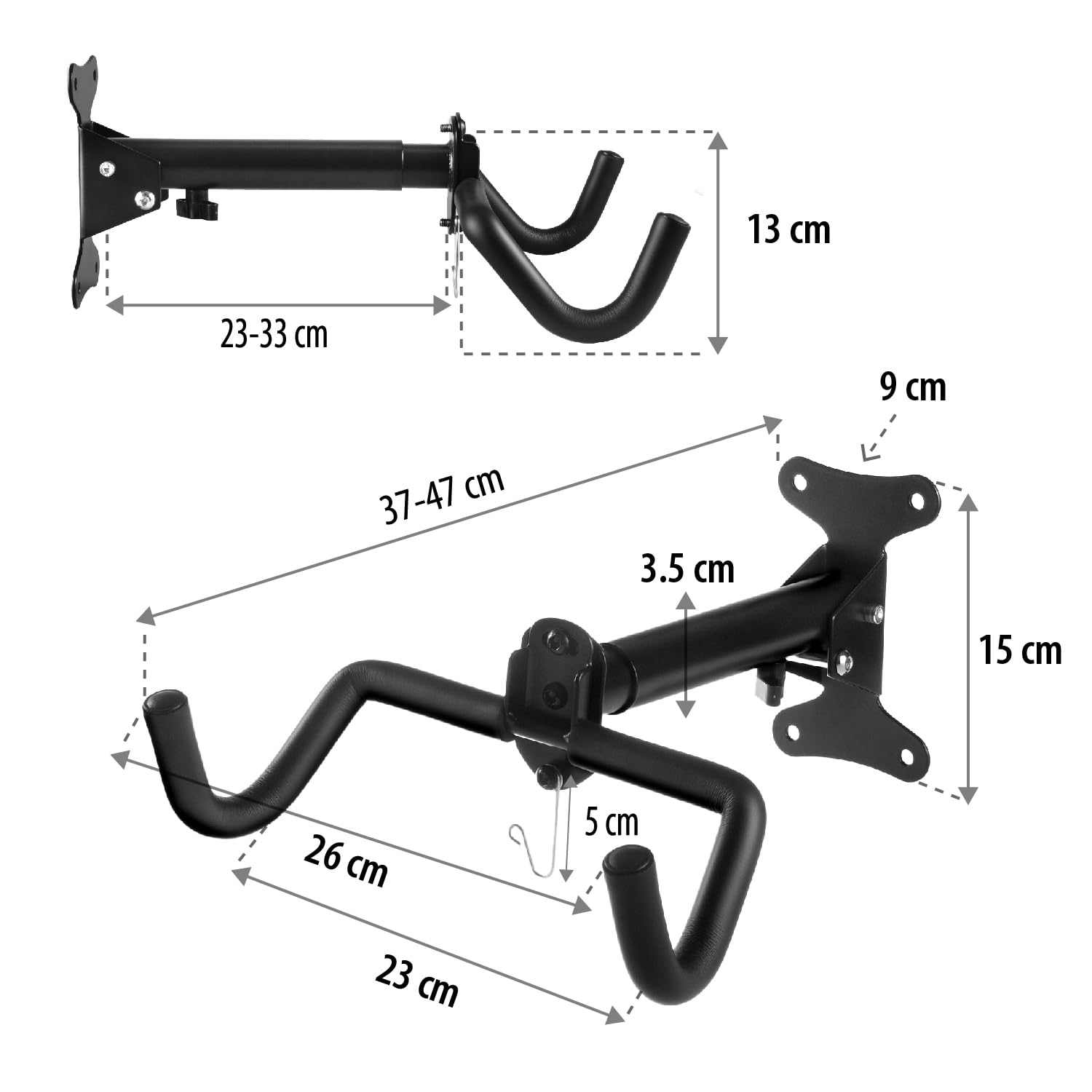 Maclean MC-484 Soporte de Pared Ajustable para Bicicletas | Brazo Plegable de Acero con Alcance de 37 a 47 cm | Capacidad de Carga de 30 kg | Ganchos con protección antirrayaduras (3)