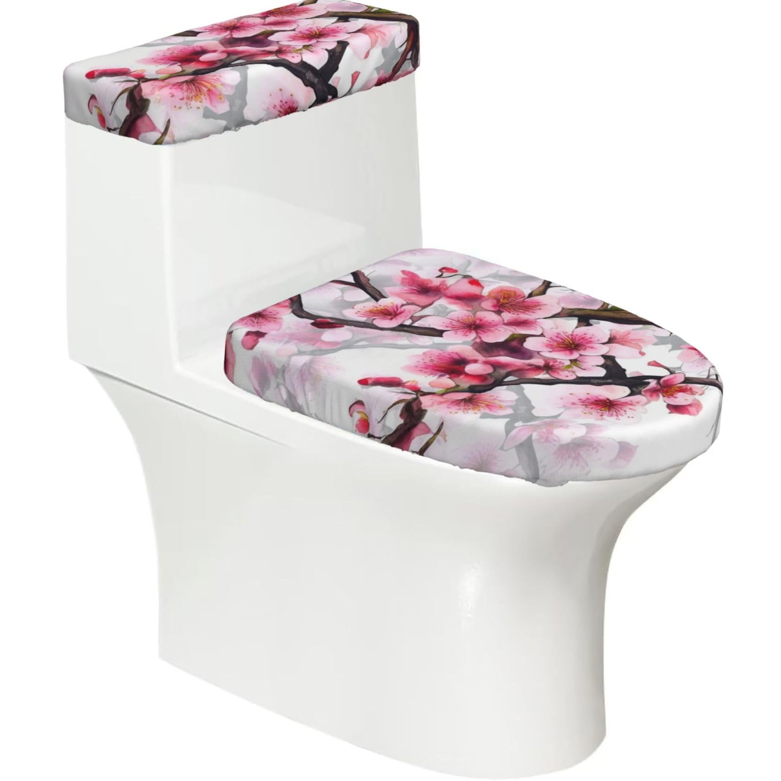 FekiLoot Cherry Blossom Watercolor Toilet Lid Cover and Toilet Tank Cover Set of 2,Dust Splash Resistant Toilet Top Covers Soft Washable Toilet Lid Seat Cover for Bathroom Office Home Decor
