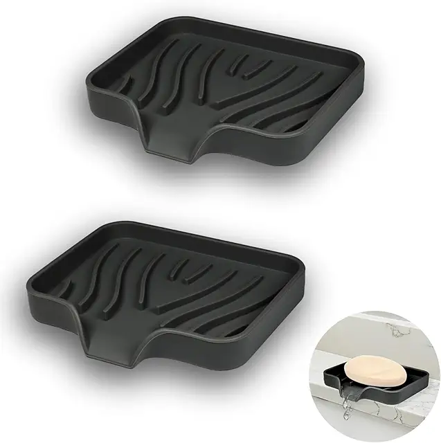 Porte Savon Silicone avec Drainage - 2 Pièces Noir pour Salle de Bain et Cuisine