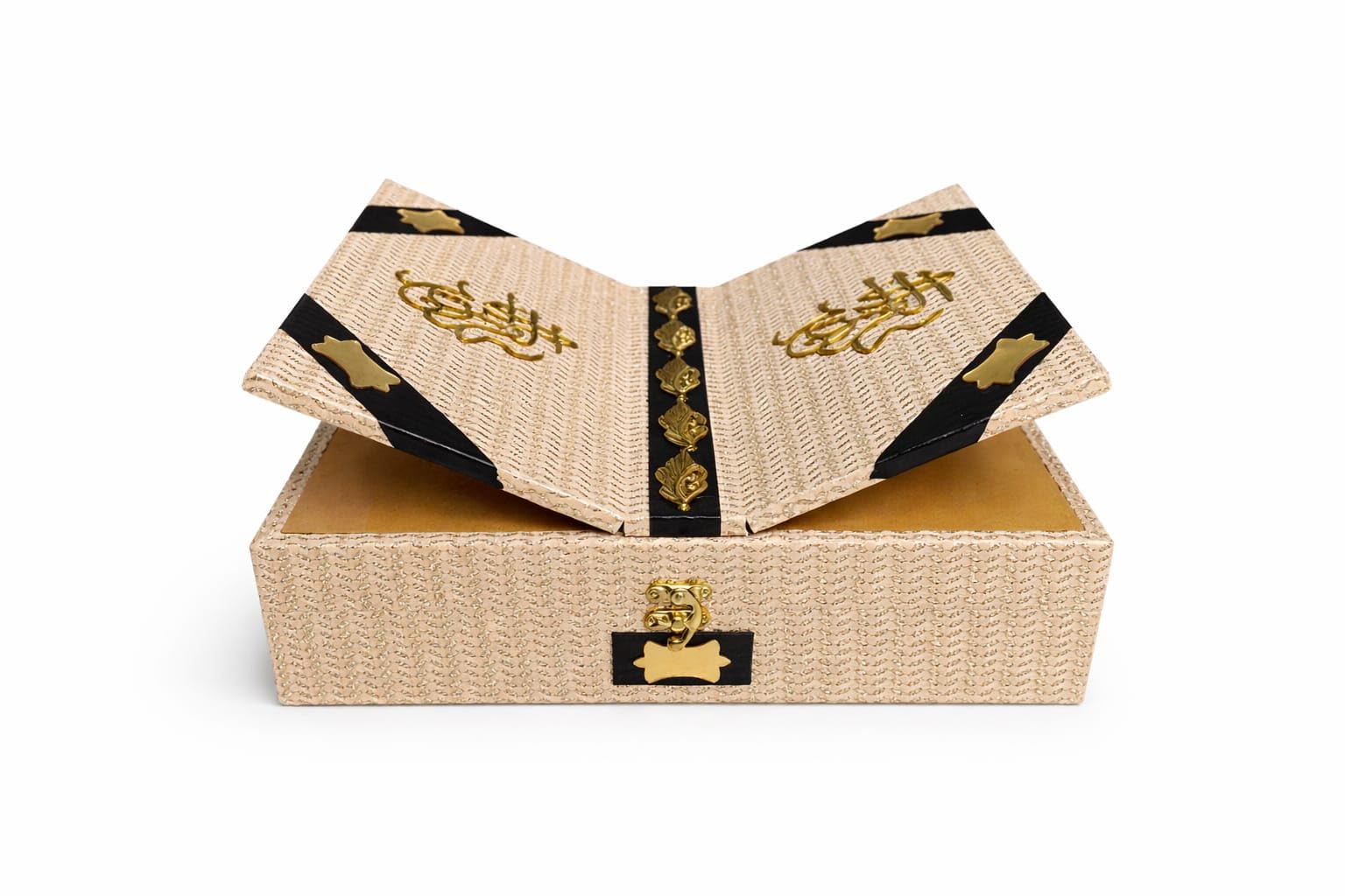 Luxury Quran Box with Integrated Rehal Book Stand – Decorative Islamic Gift Box for Holy Quran, Elegant Woven Texture with Gold – Ideal for Ramadan, Eid, & Hajj Gifting (Beige/Gold)