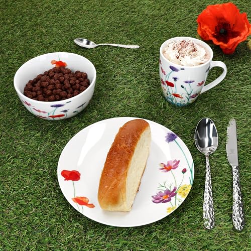 MamboCat Marie 18tlg Frühstücksset I Porzellan-Geschirr mit Blumenwiese-Dekor für 6 Personen I Je 6x Teller, Schalen 400ml & Becher 320ml für Frühstück & Kaffee