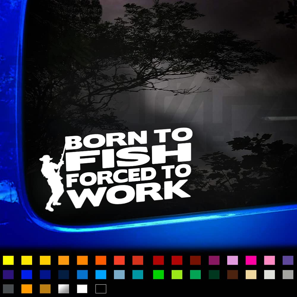 Born to Fish Forced to Work Funny Fishing Car Sticker, Fishing Decals for Truck Car Van Boat Tackle Box, Fishing Stickers for Cars, Vinyl Decals, Fishing Accessories, Fisherman Accessories, 200mm