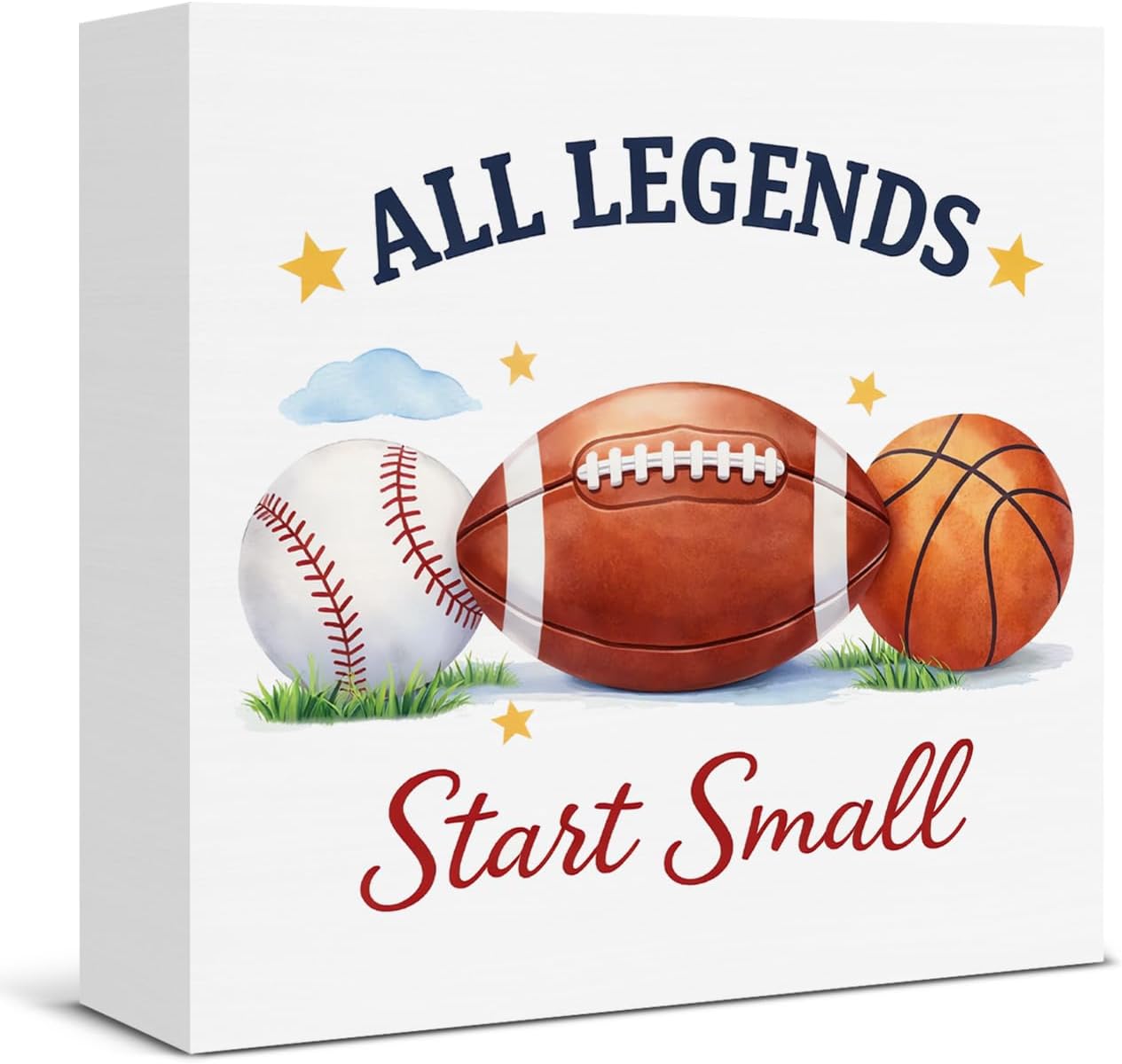Vintage Baseball Football Basketball Desk Decor, Inspirational "All Legends Start Small" Wooden Sign, Table Decor for Home Office Living Room Sports Fan Gifts 5×5Inch