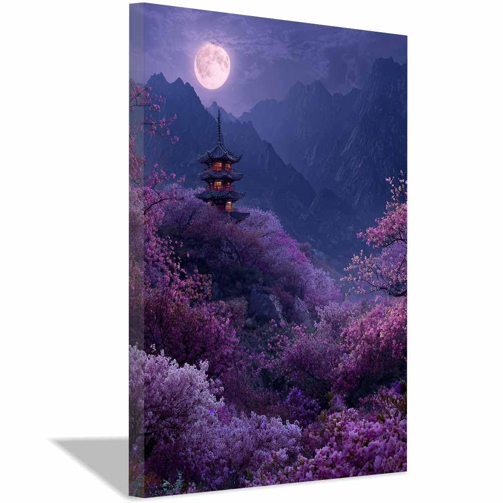 HOQIU Vintage wall art Moonlit Pagoda Views decorative painting, wall art, for Living Room Bathroom Bedroom Kitchen Decoration.(Multicolor)-60x80cm Framed