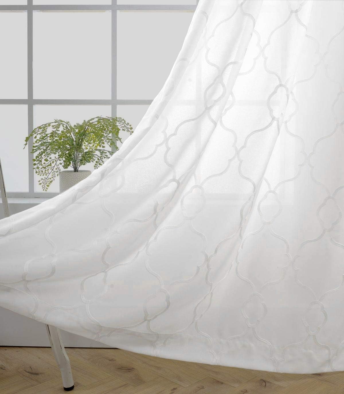 MIUCO Moroccan Embroidered Semi Sheer Curtains Faux Linen Grommet Window Curtains for Bedroom Living Room 84 Inches Long 2 Panels, Pure White Pure White 52"W x 84"L (Pack of 2)
