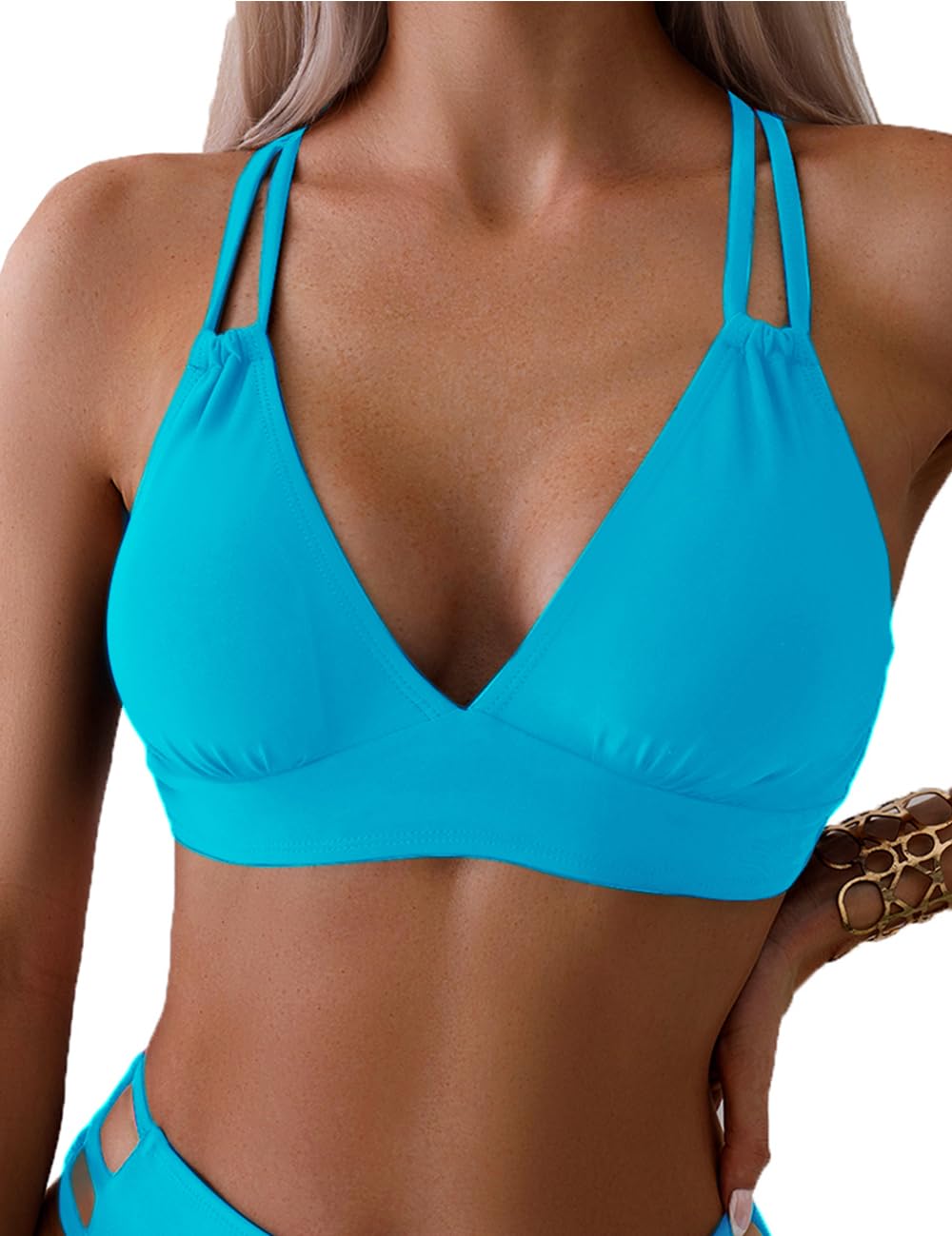 Tainehs Women's Push Up V Neck Bikini Tops Criss Cross Back Padded Bathing Suit Top Only