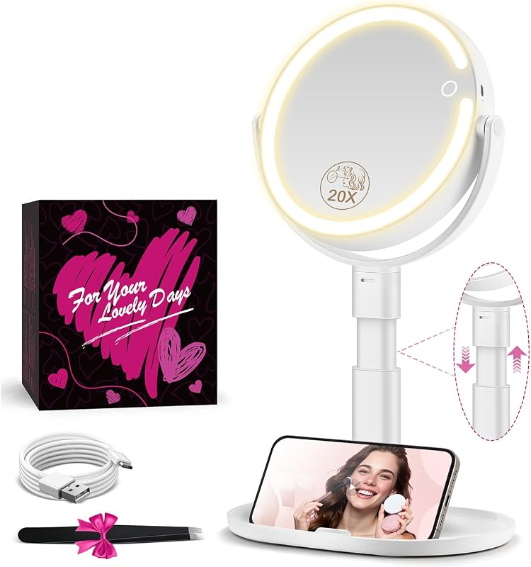 Makeup Mirror with Lights, 20X Magnifying Mirrors, Height Adjustable, Vanity Mirror with Lights Rechargeable 3 Color Modes, Double-Sided Detachable Travel Mirrors, Gift for Women, White
