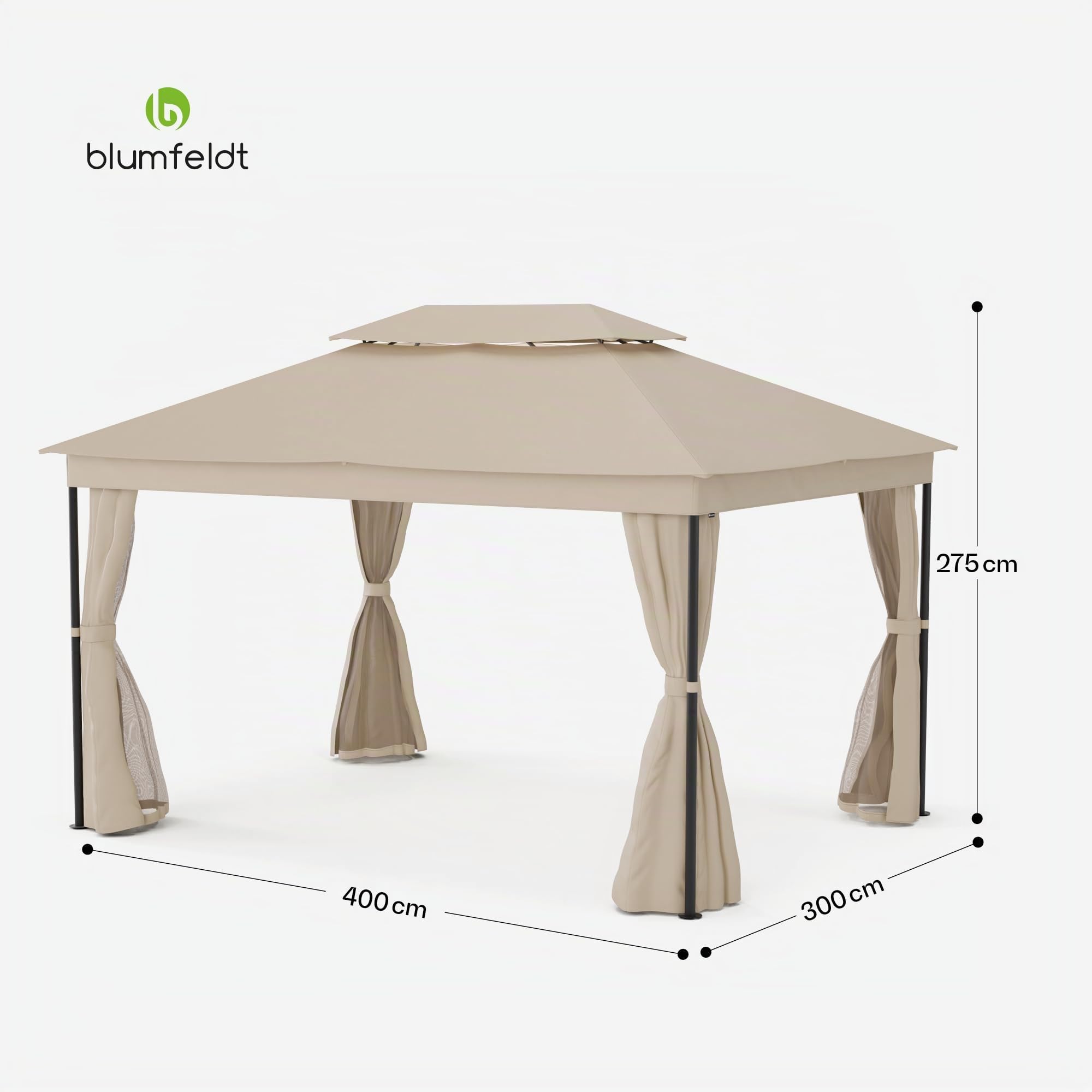 blumfeldt Mondo Dual Tonnelle 3x4 - Double Toit & Moustiquaires, Armature Métallique Résistante, Rideaux Inclus, Tonnelle de Jardin, Facile à Assembler, Beige