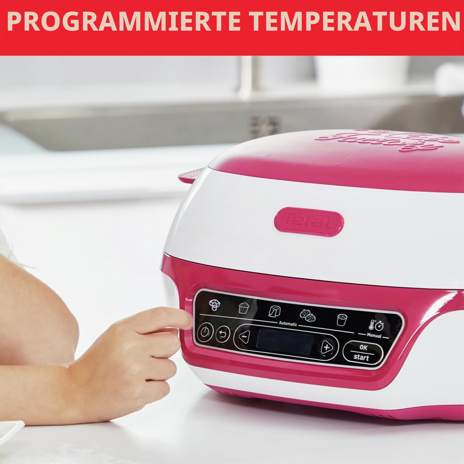 Tefal Cake Factory Délices KD8101 | Kuchenbackautomat | 5 Automatische Programme | Manueller Modus | Rezeptheft | Umfangreiches Zubehör | Gratis App | Kuchen und Süßspeisen | weiß / pink