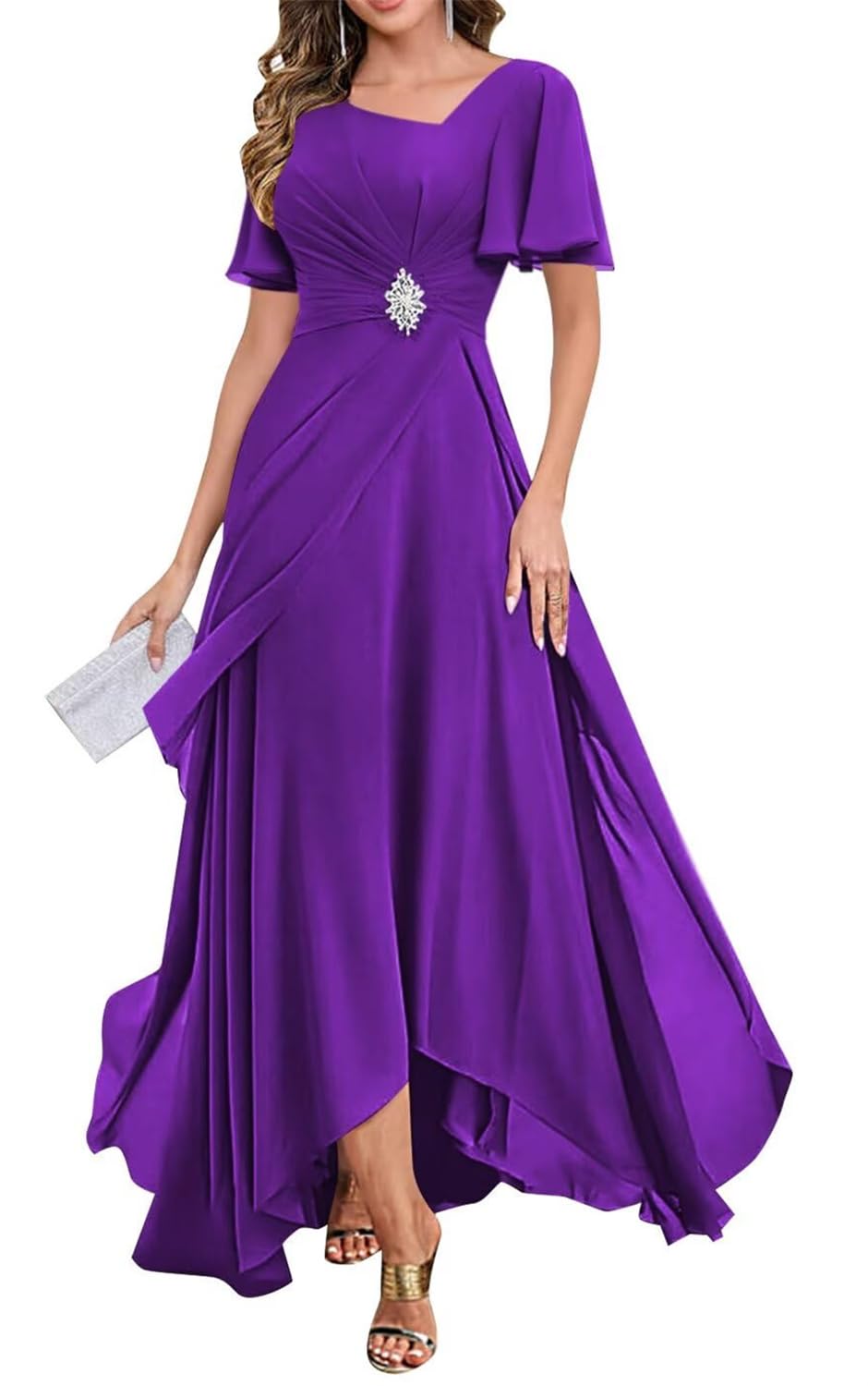 Yiann Women's Purple Flutter Sleeve Mother Of The Groom Dresses For Pleated Corset Long Wedding Guest Dress Uk18