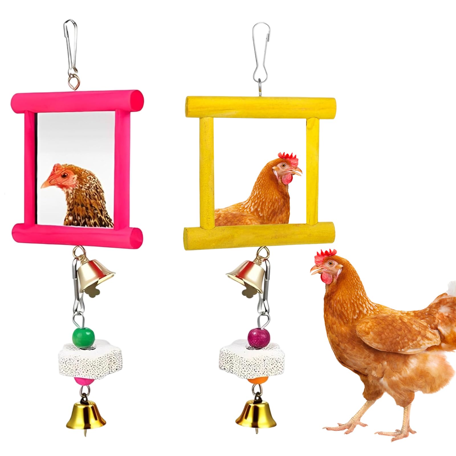 Chicken Toys For Hens,2pc Hanging Bell Parrot Chicken Swing Mirror + 2pcs Beak Grinding Stones